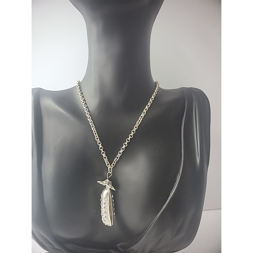 Vintage Necklace Silver Tone Pendant Crystals Pod Silver Tone Chain Jewelry